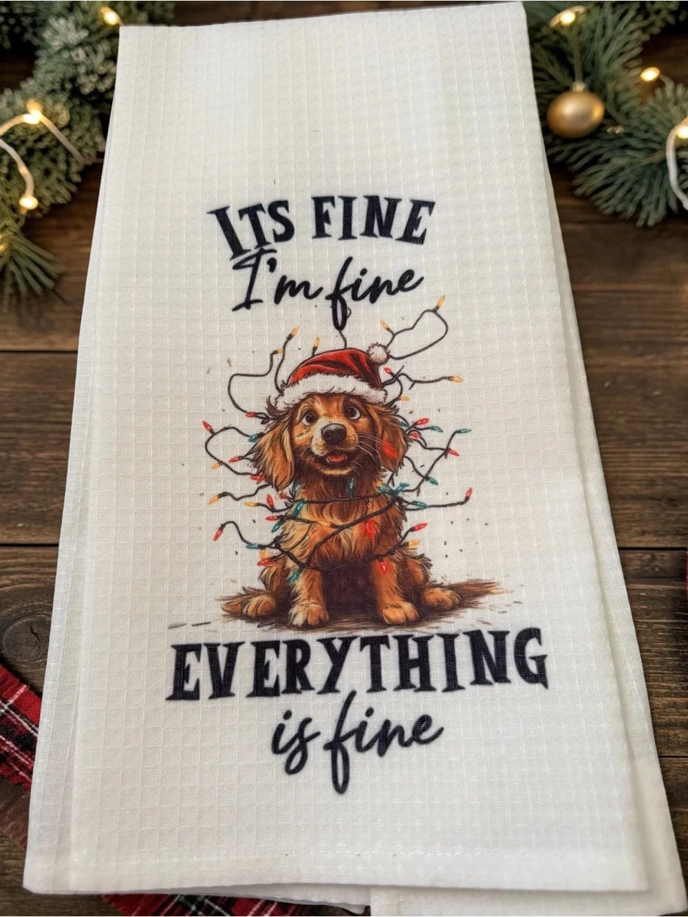 Holiday Dog Kitchen Towel - White with Festive Puppy Design